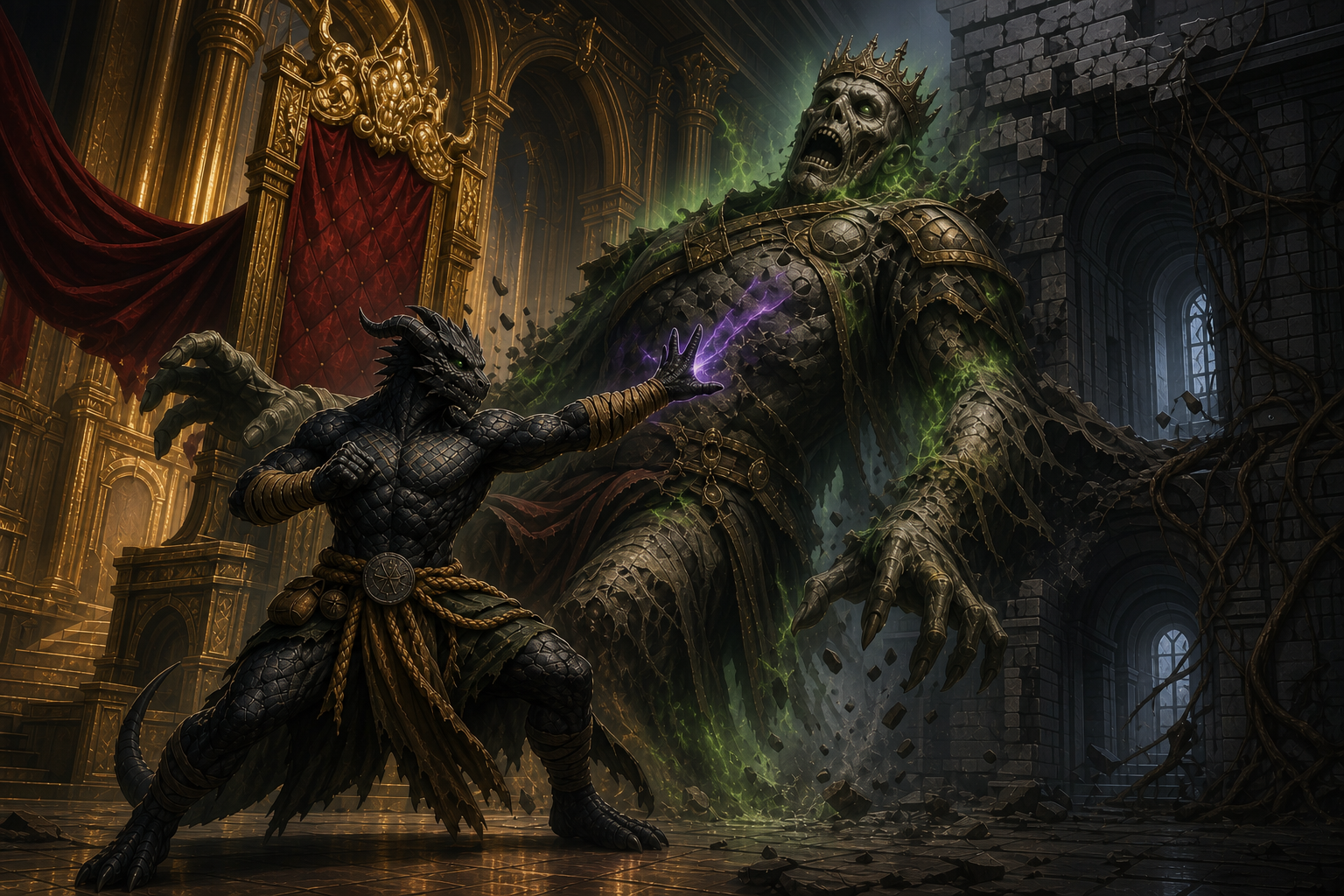 Ignatius strikes the crowned giant as its magnificent throne room rusts and collapses into a smaller ruin.
