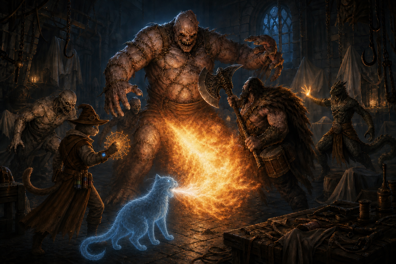 Chip pours spectral flame across a towering flesh-built abomination while Rage, Ignatius, and Carver battle among its corpse servants.