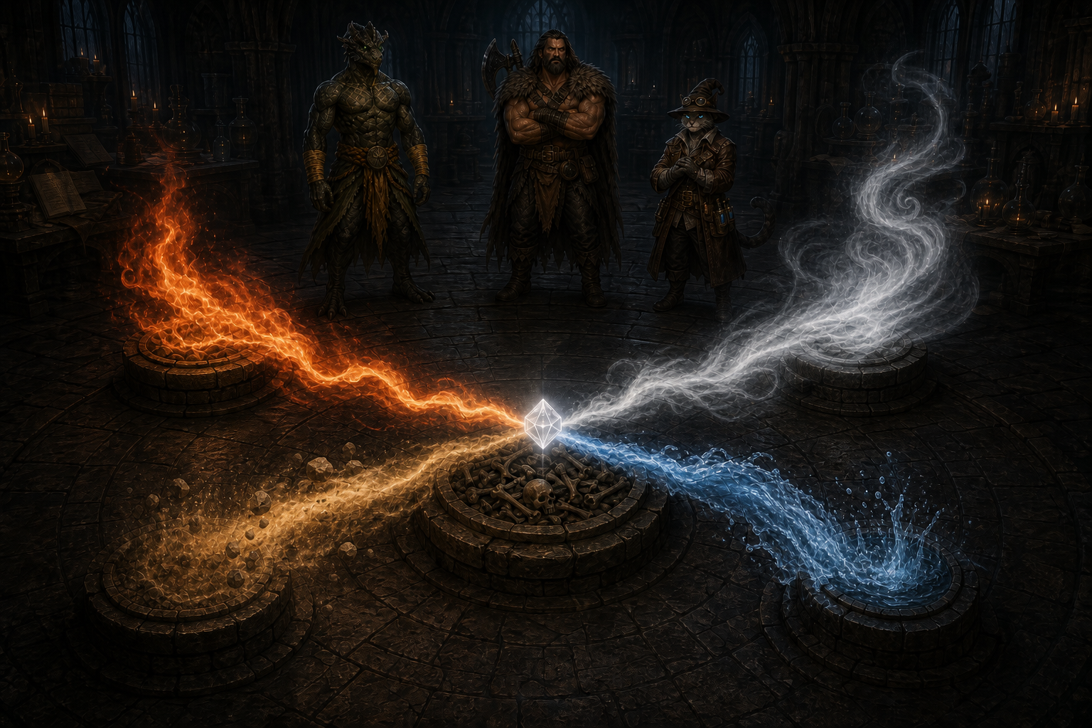Four elemental plinths send earth, fire, water, and air into a small crystal above a central vessel of bones while Ignatius, Rage, and Carver watch.