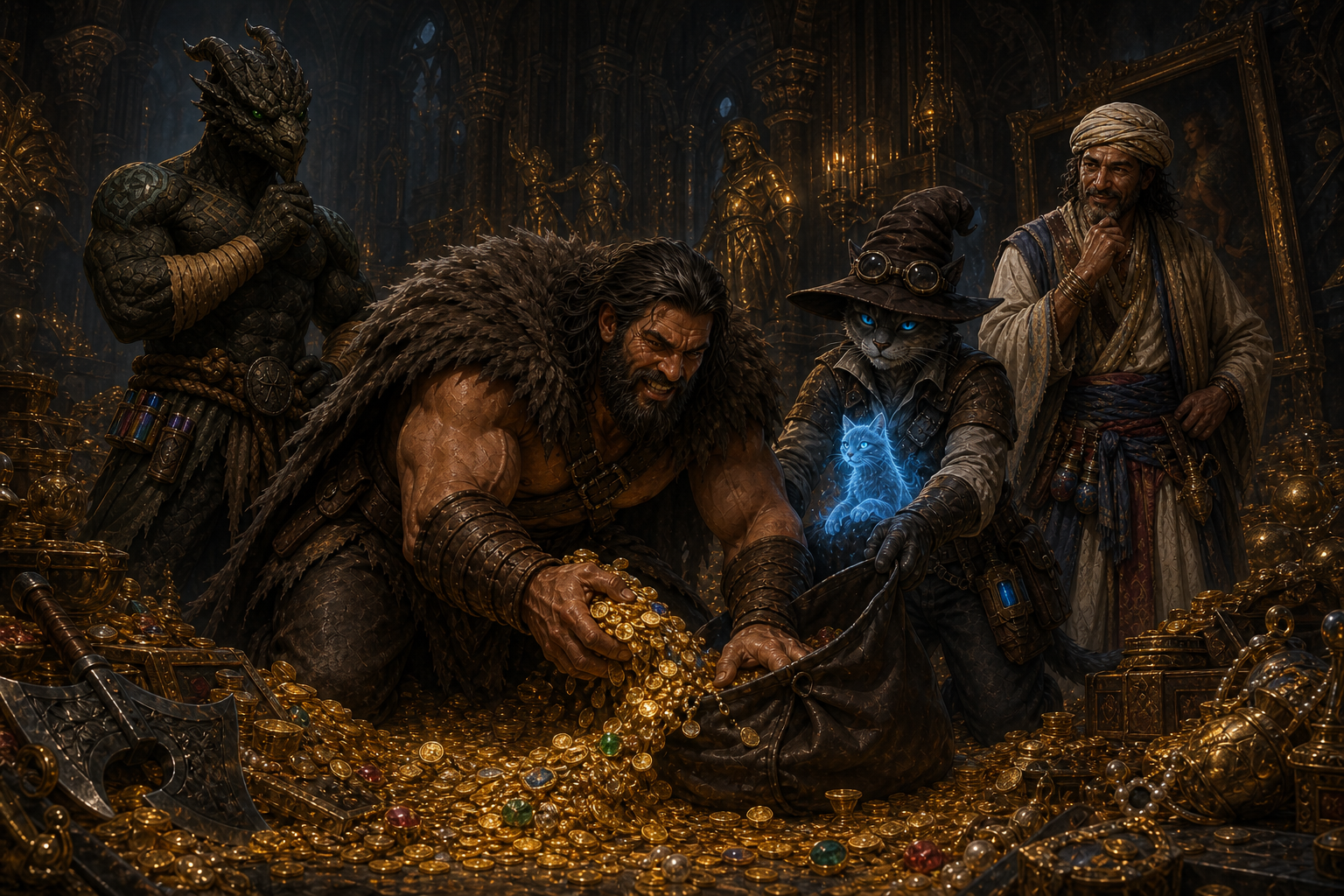 Rage kneels amid overflowing gold and jewels, shoveling treasure into the Bag of Holding while Carver holds it open and Ignatius, Ooru, and Chip watch.