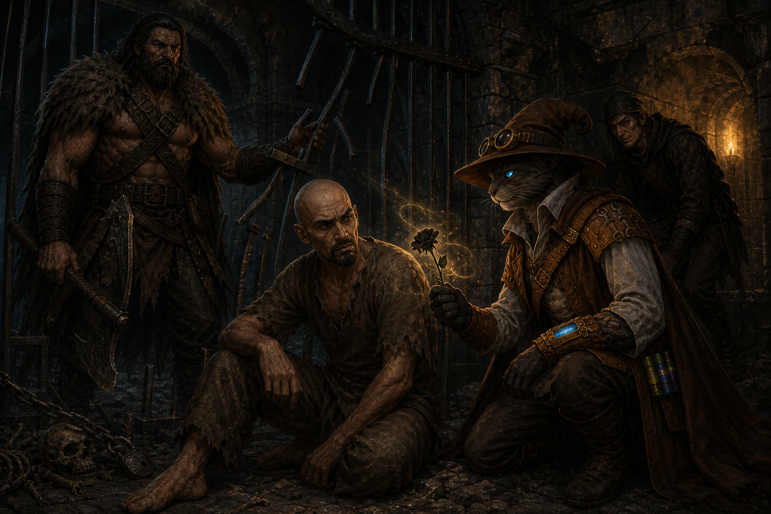 Carver offers the dried black lily to the newly freed Voss while Rage holds aside the cell's broken bars and Siv watches from the passage.