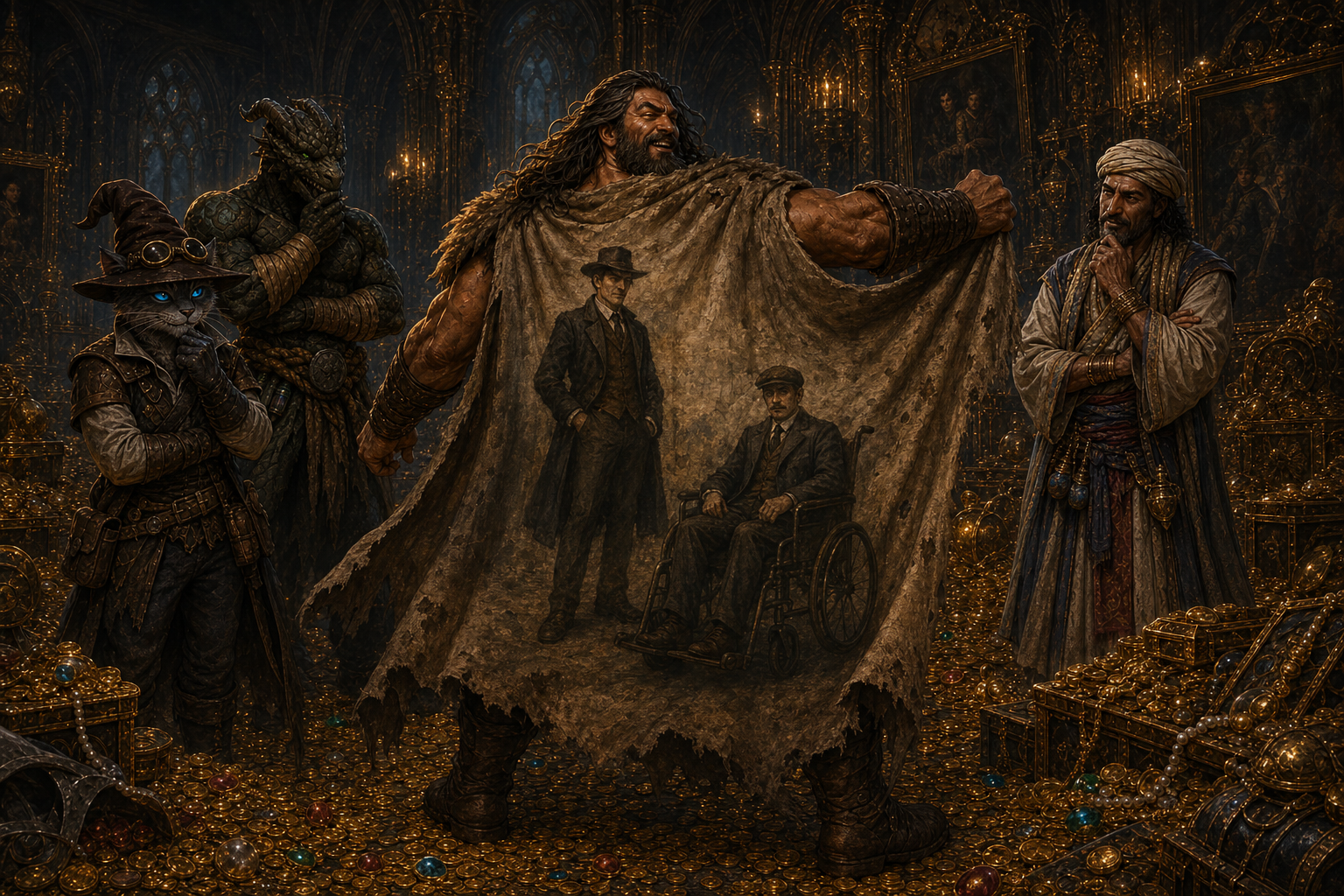 Rage displays a ragged canvas cape cut from a portrait of two unknown investigators while Carver, Ignatius, and Ooru react amid the overflowing treasury.