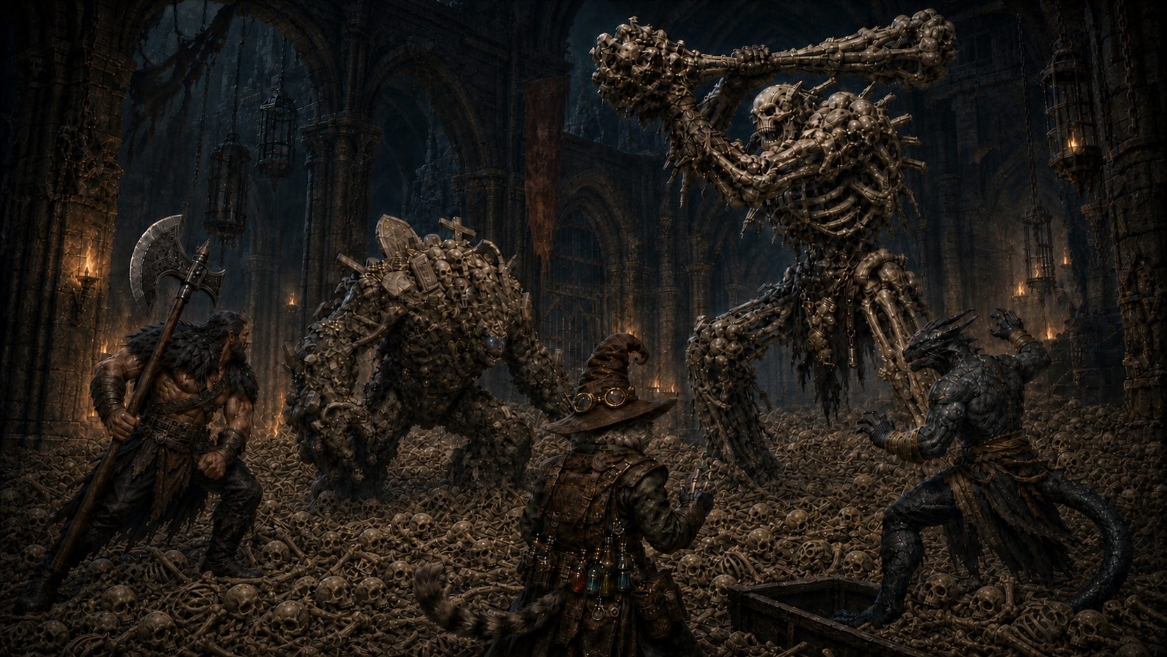 Pearl confronts a towering club-wielding bone beast while Rage, Carver, and Ignatius fight across a chamber whose floor is buried beneath skeletal remains.