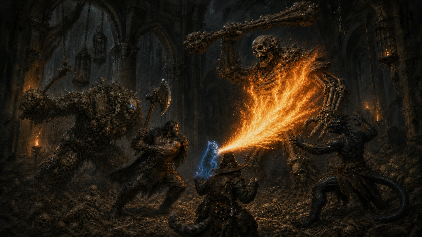 Chip unleashes a broad sheet of flame at the towering bone golem while Rage, Carver, Ignatius, and Pearl fight in the Bone Chambers.