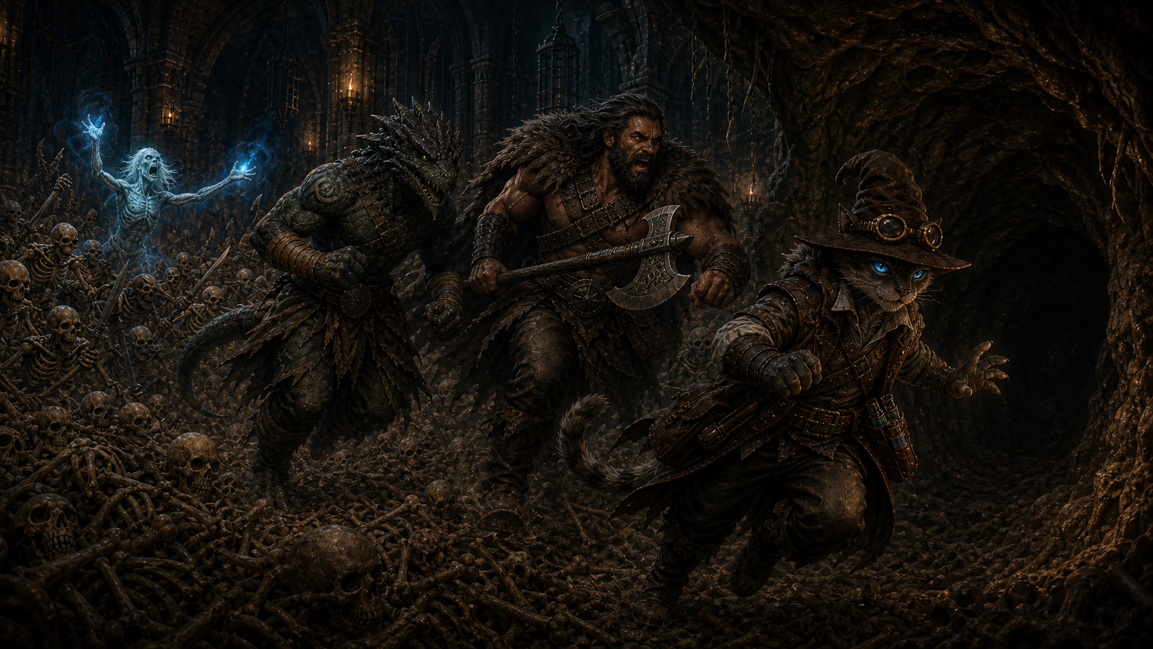 Carver, Rage, and Ignatius flee the Bone Chambers toward an animal-dug tunnel while a summoned undead spirit distracts the rising skeletons behind them.