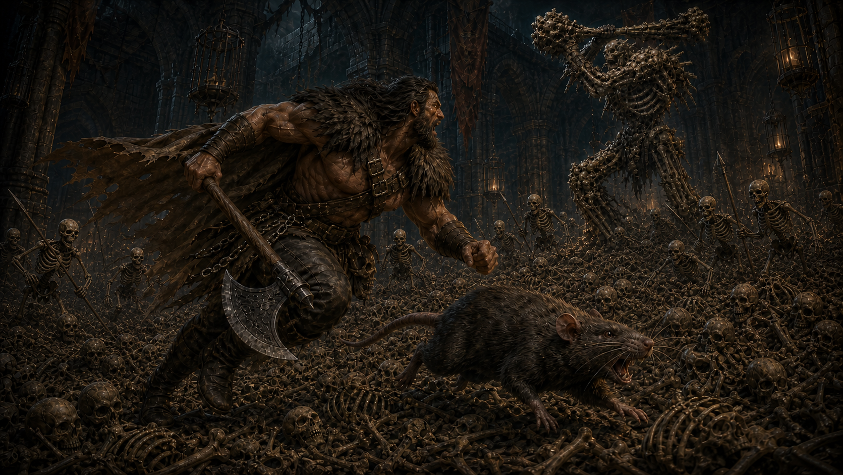 Rage charges through the Bone Chambers with a giant rat while skeletons surround the distant bone golem.