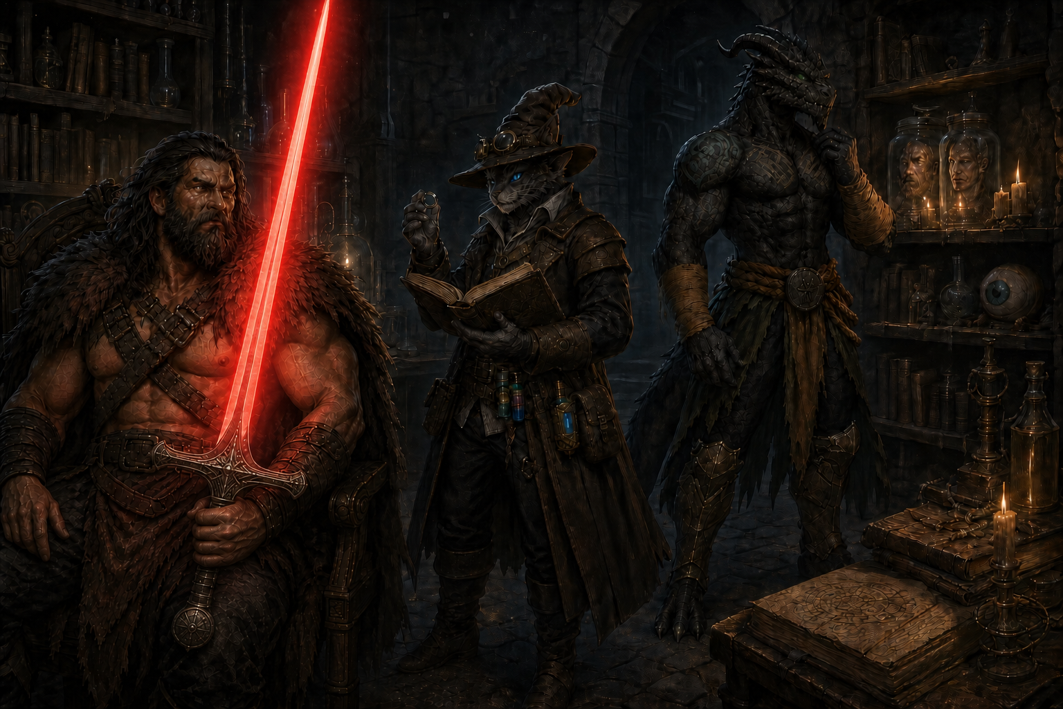 Rage holds the red-glowing Sun Blade in Castle Avernus's lower laboratory while Carver studies a ring and spellbook and Ignatius watches preserved specimens.