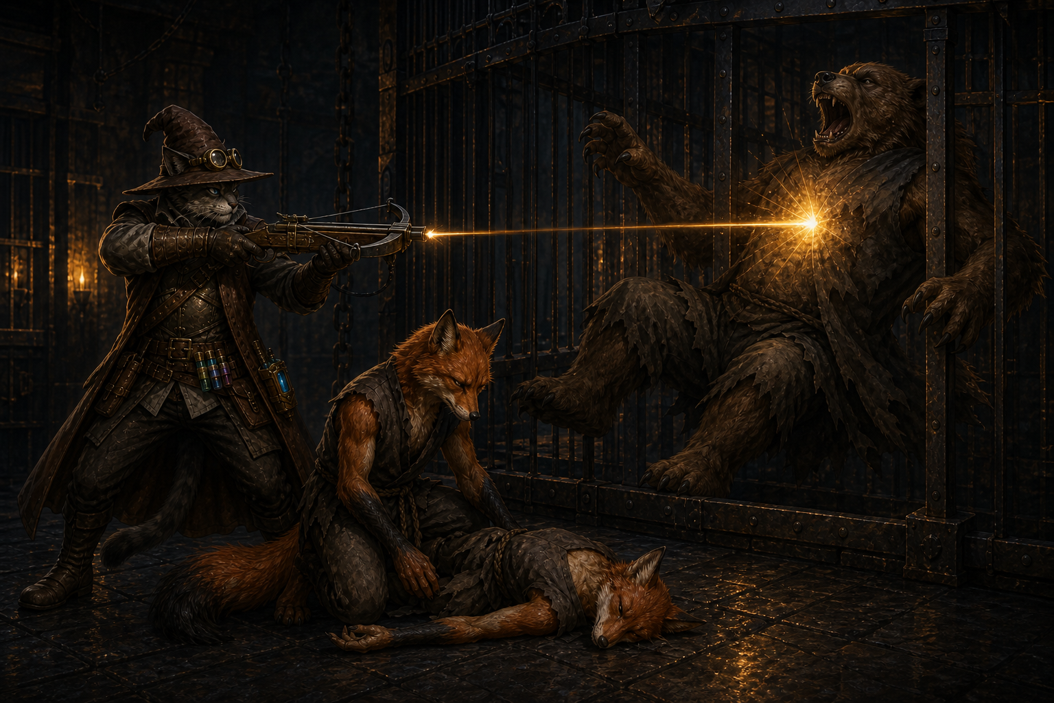 Carver fires a radiant crossbow bolt into the caged werebear while Lafing grieves over his slain companion.