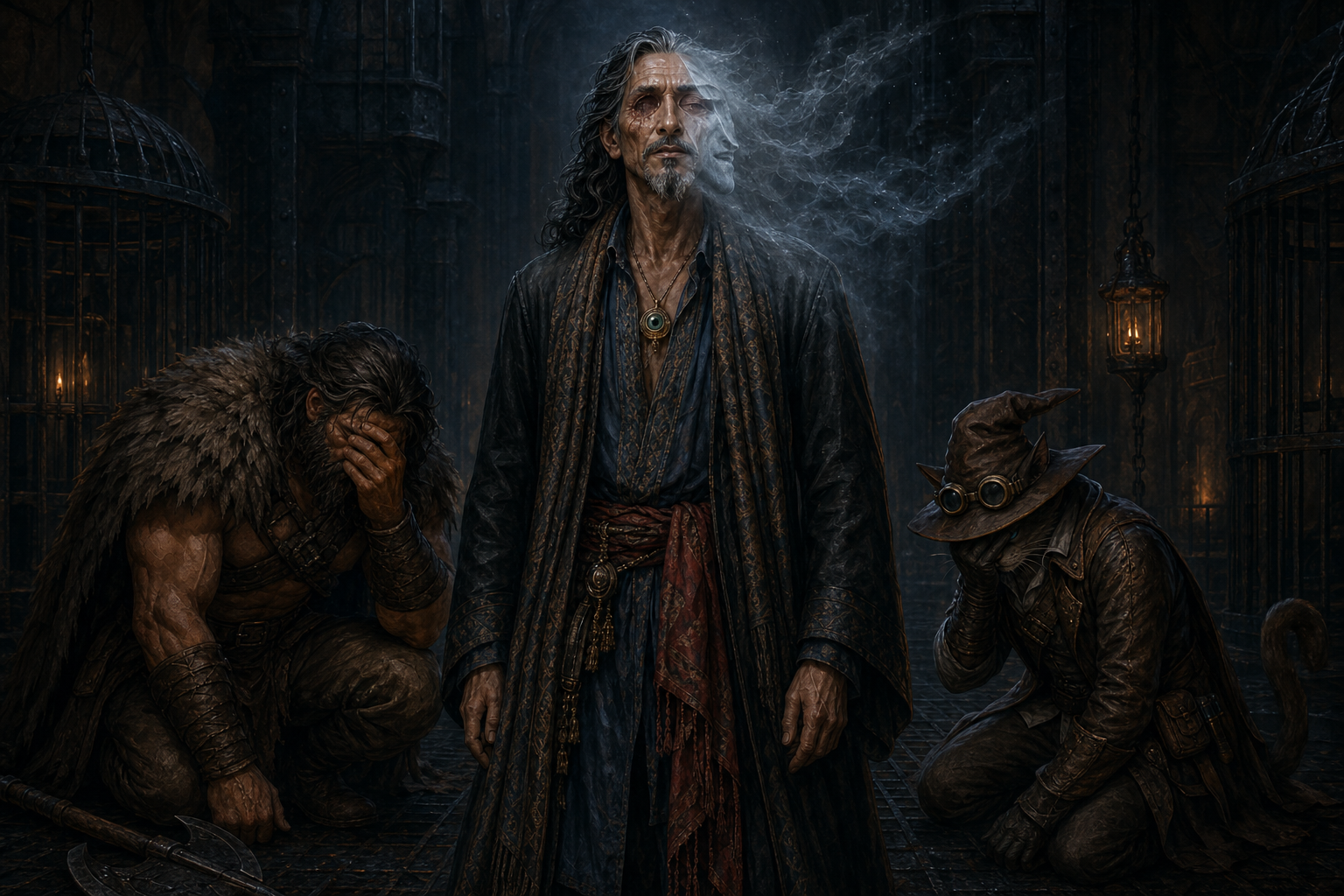 Hyskosa's false face dissolves as Rage and Carver collapse in grief within the Beast Prison.