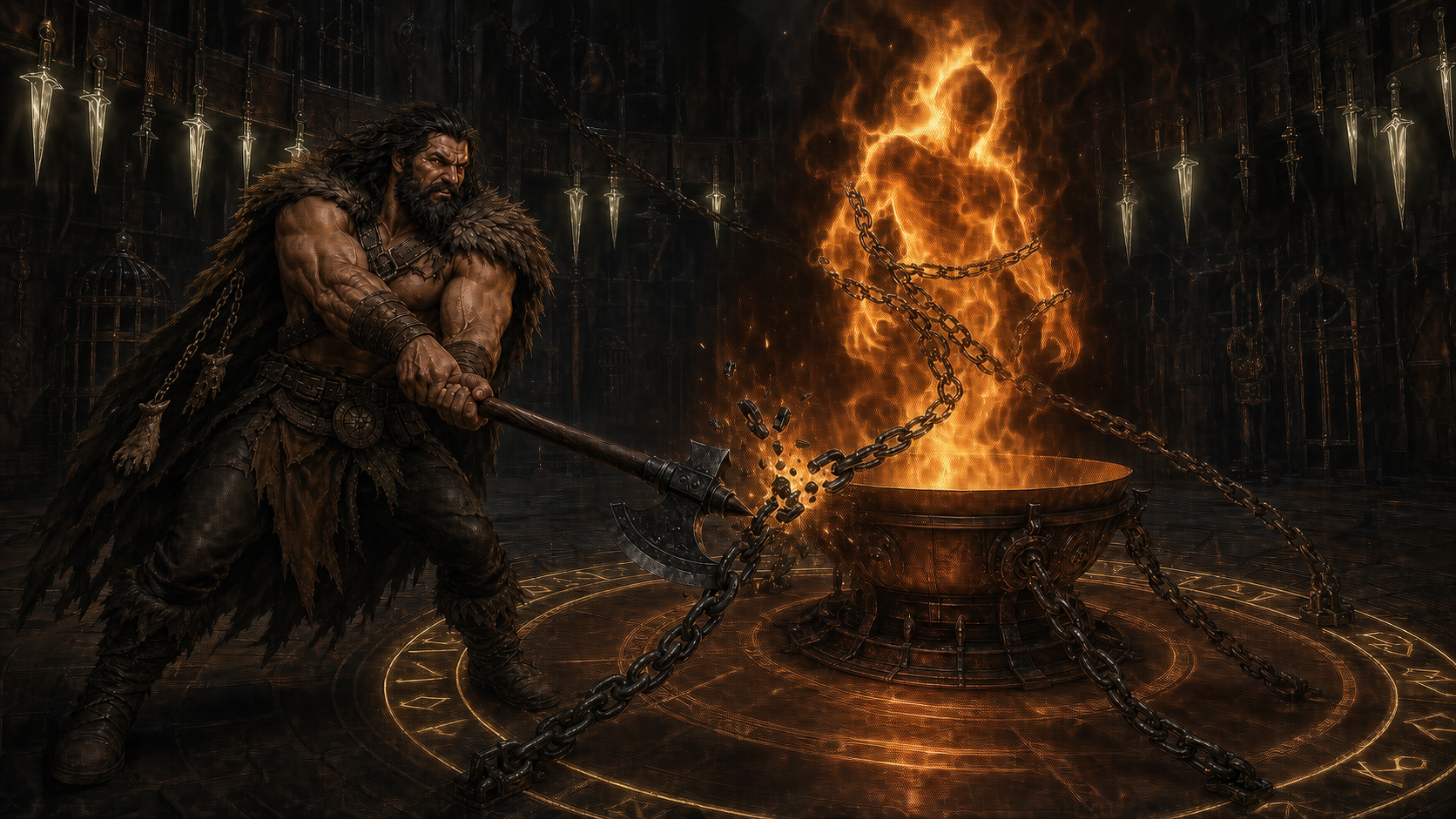 Rage breaks a restraint chain with his greataxe as a bound fire elemental begins to form above the copper brazier.