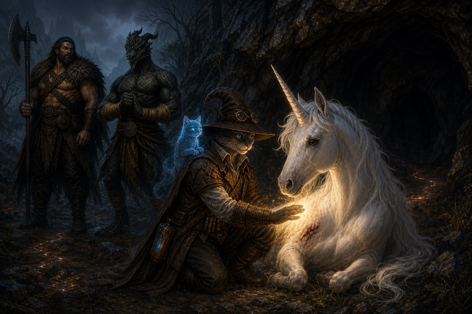 Carver's healing magic steadies a wounded white unicorn beside its cave while Rage and Ignatius keep watch.