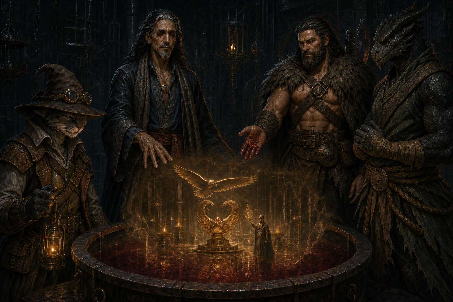 Hyskosa guides a blood-dark scrying pool as Ankhtepot's golden vision appears within it.