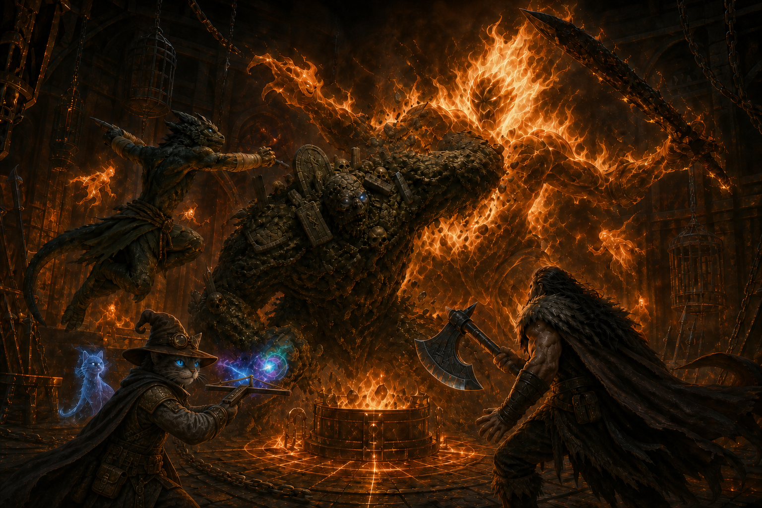 Pearl's earthen fist tears through the immense fire elemental as Rage, Carver, and Ignatius attack in the brazier chamber.