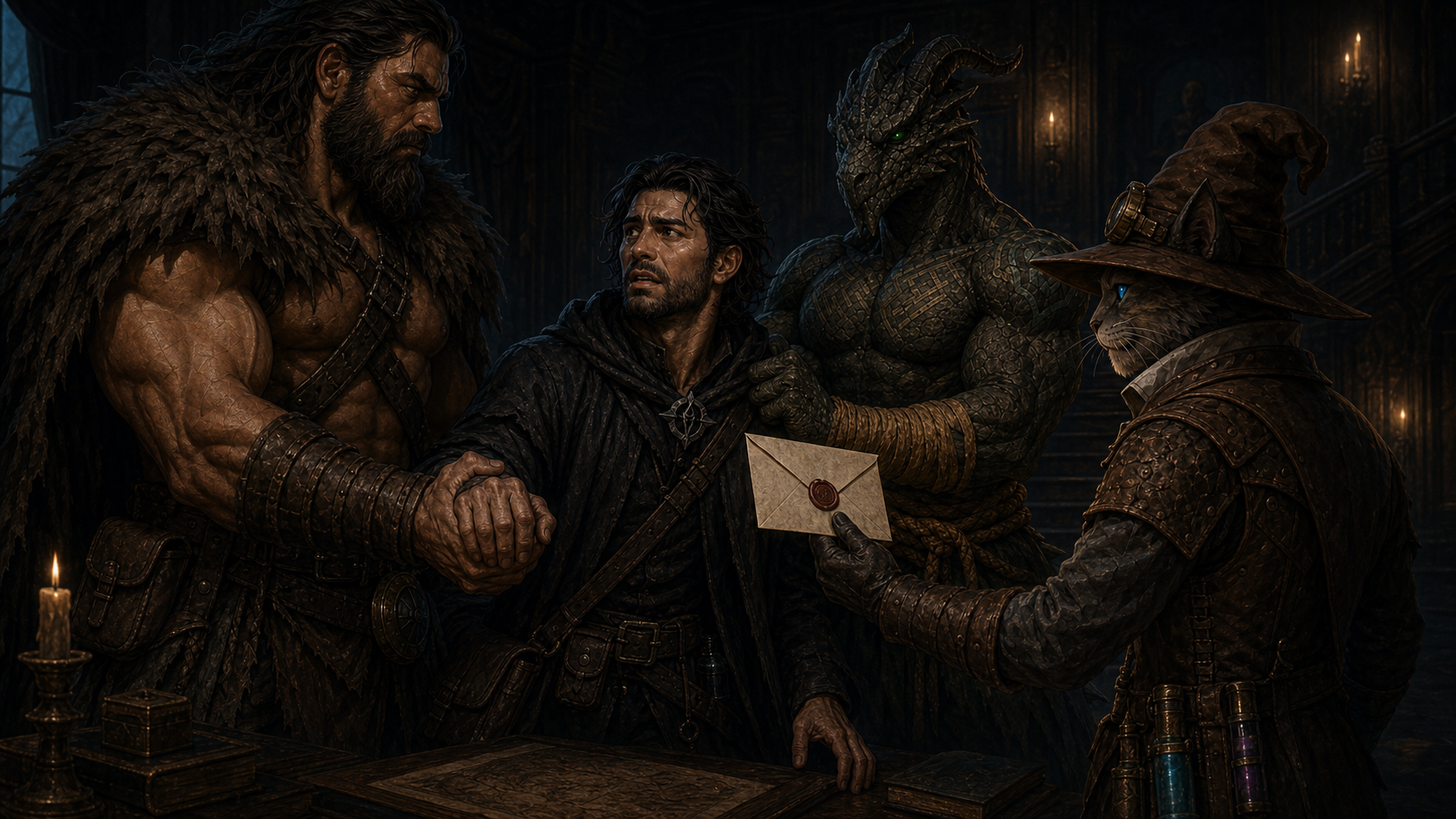 Rage grips Black Lily's wrist while Ignatius restrains him and Carver presents Darian's sealed letter.