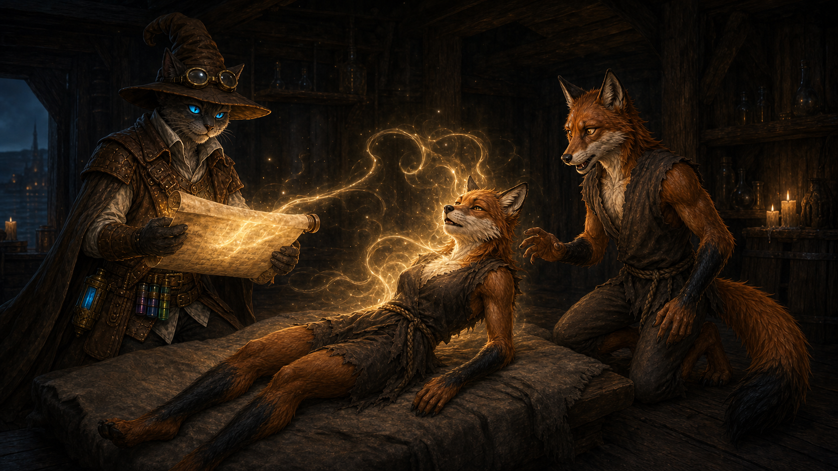 Carver reads a glowing resurrection scroll as Fling awakens and Lafing stares in astonished joy.