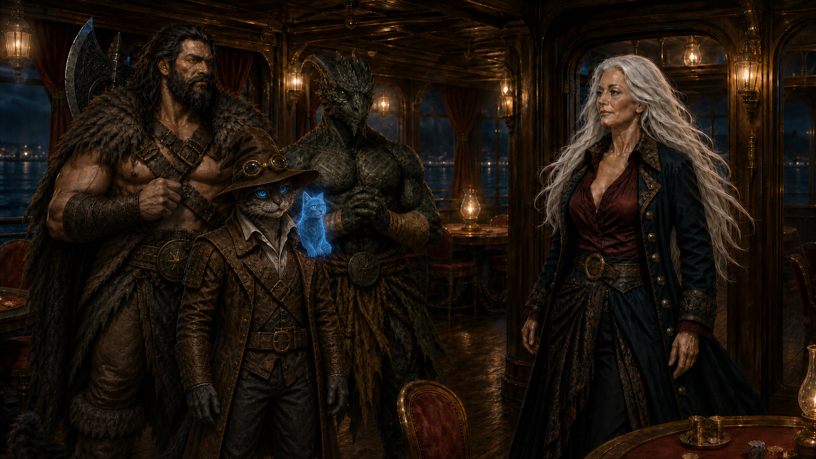 Captain Snowmane approaches Rage, Ignatius, Carver, and Chip in the River Dancer's lantern-lit gaming lounge.