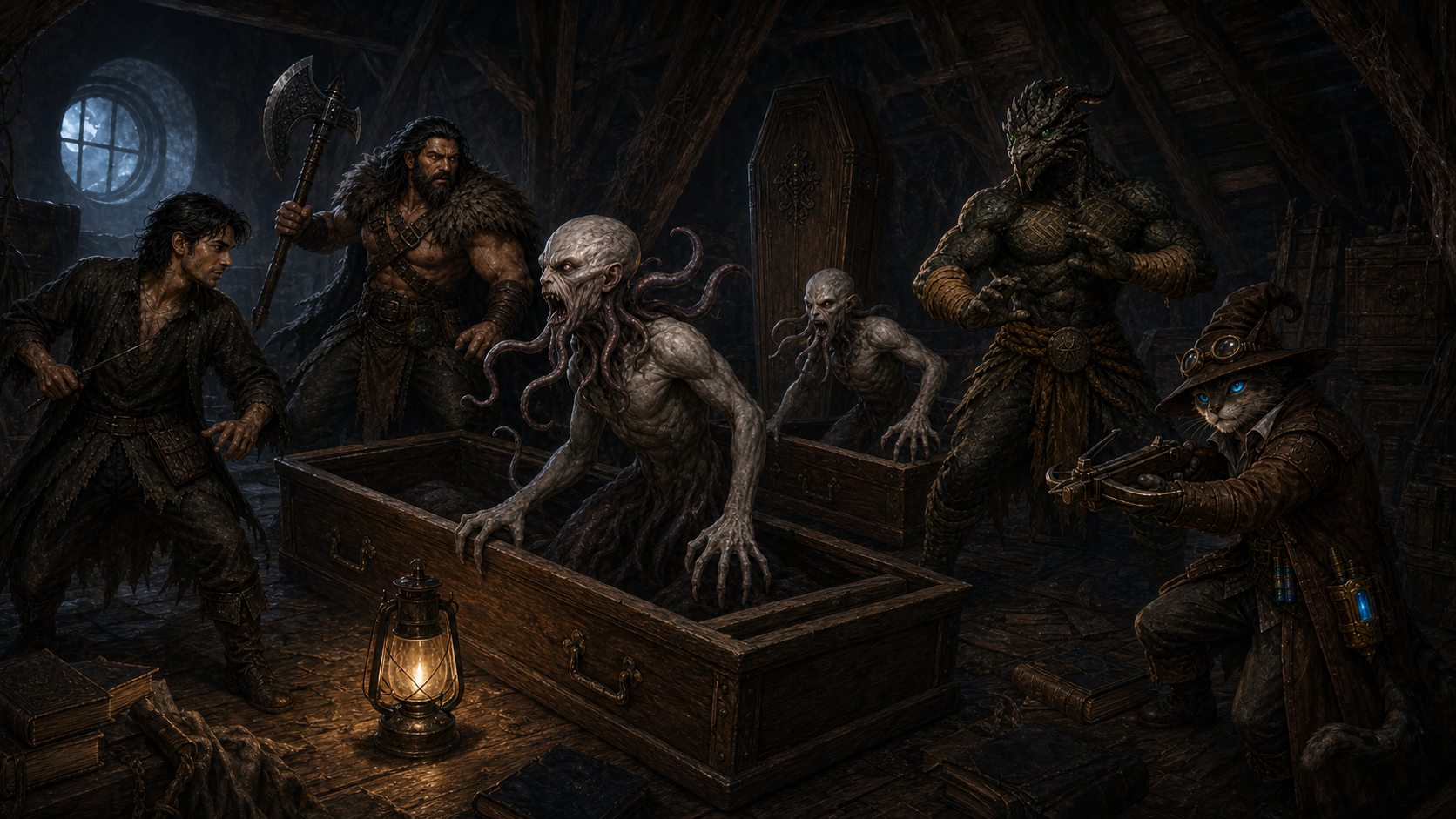 Siv opens an attic coffin as two tentacled, vampiric-looking aberrations emerge while the party prepares to fight.