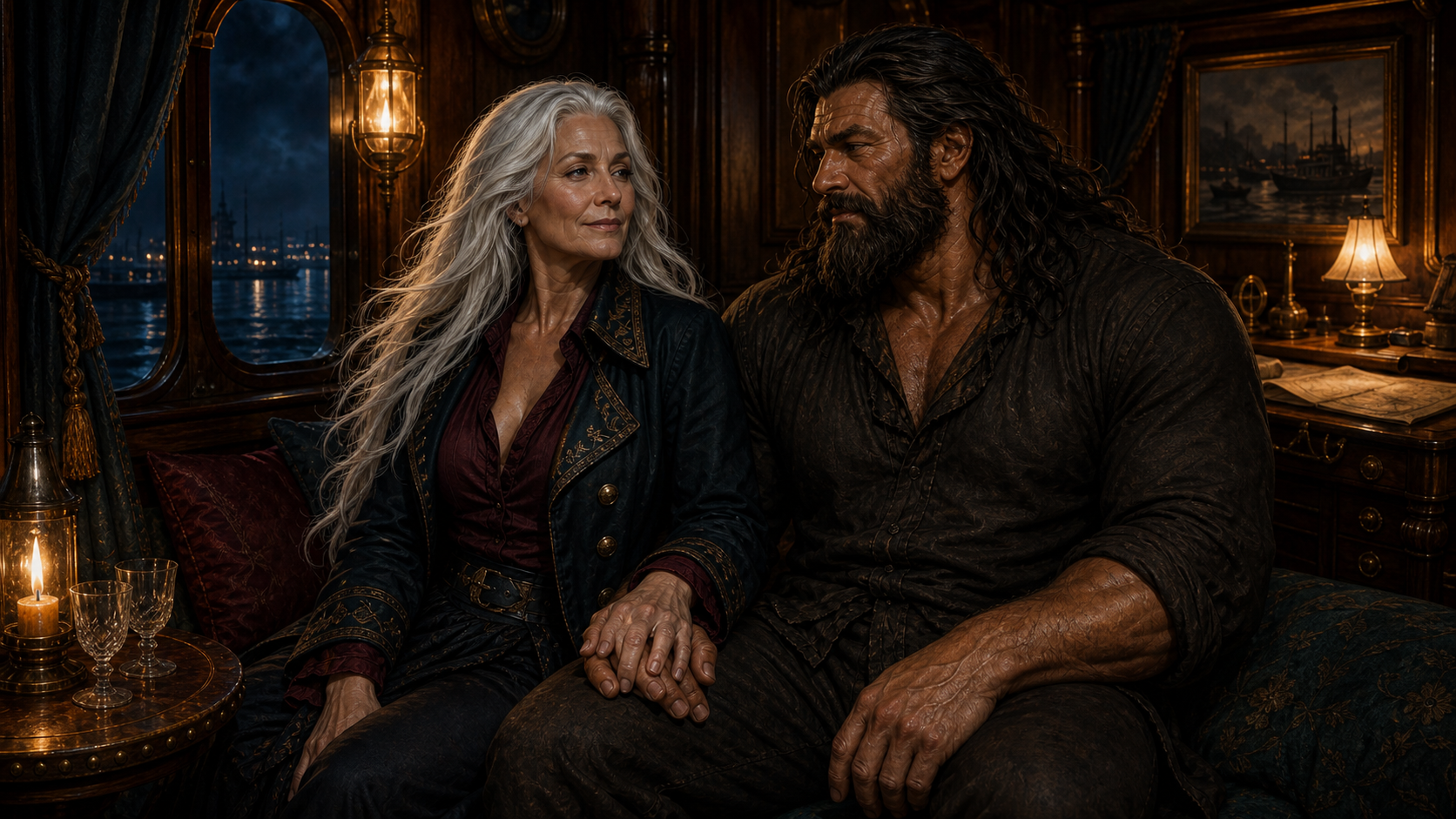 Captain Snowmane and Rage sit together in the River Dancer's softly lit cabin, their hands joined.