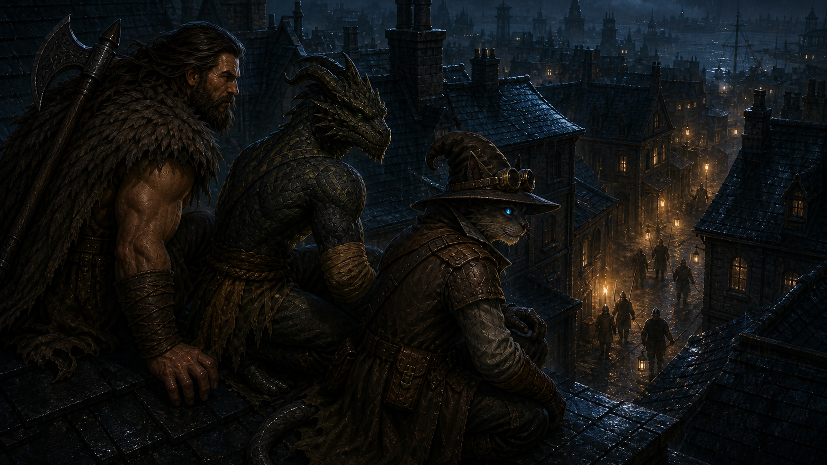 Rage, Ignatius, and Carver crouch on rain-slick Martira Bay rooftops while guards search the alley below.