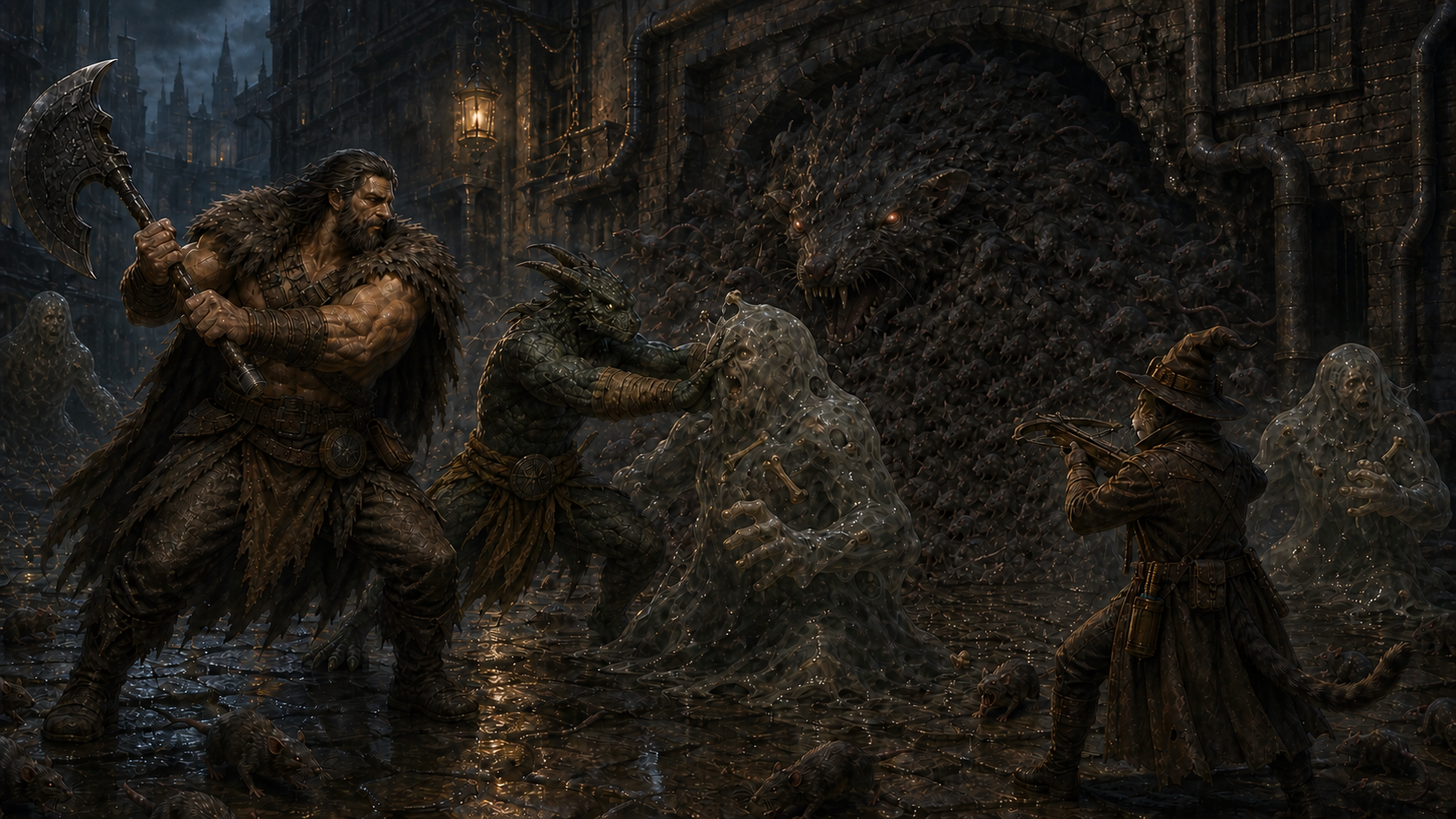 Rage, Ignatius, and Carver fight three Boneless in a wet alley as rats merge into a huge creature behind them.