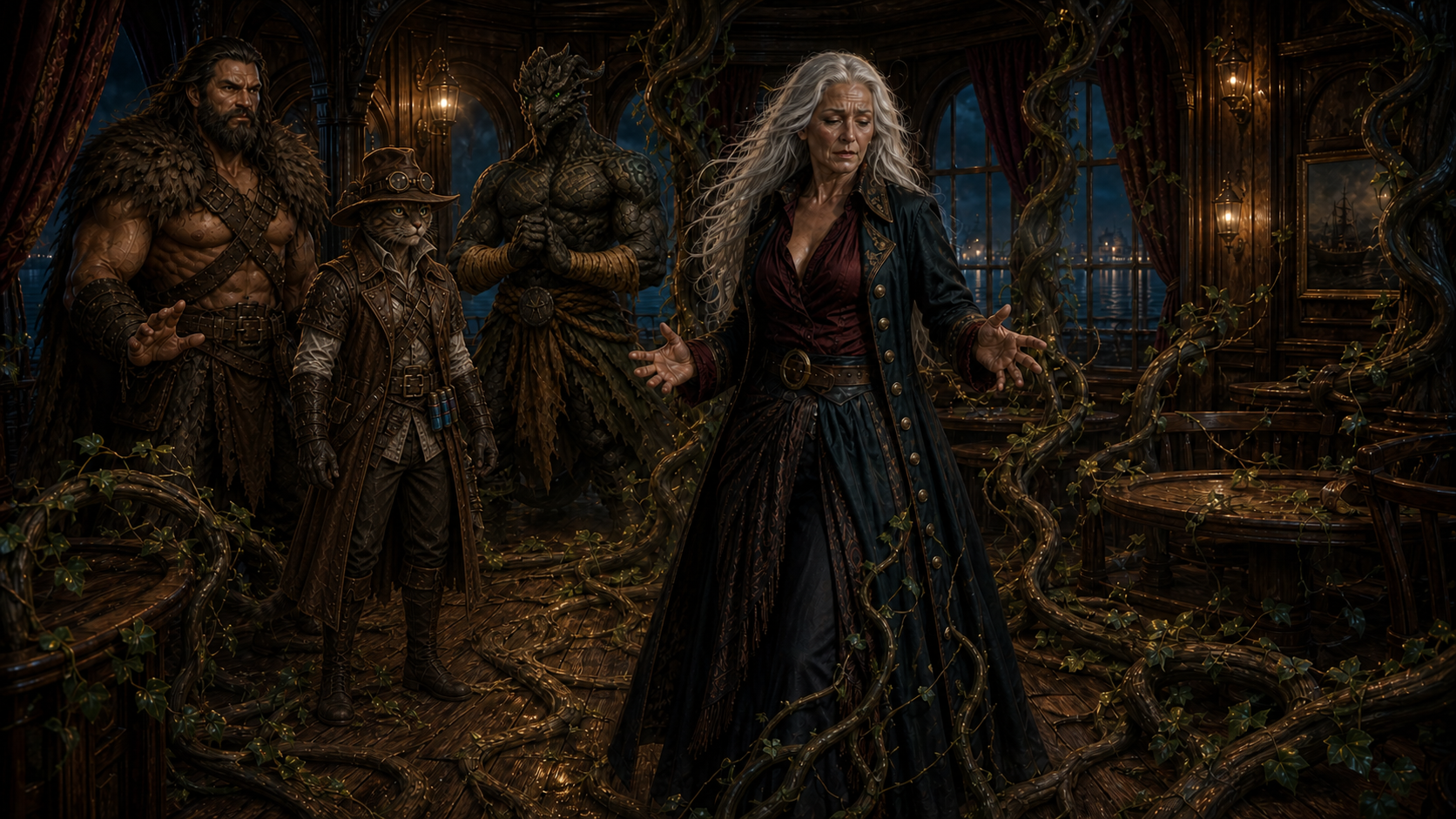 Captain Snowmane stands amid vines and living timber as the River Dancer awakens around her, while Rage, Ignatius, and Carver watch.