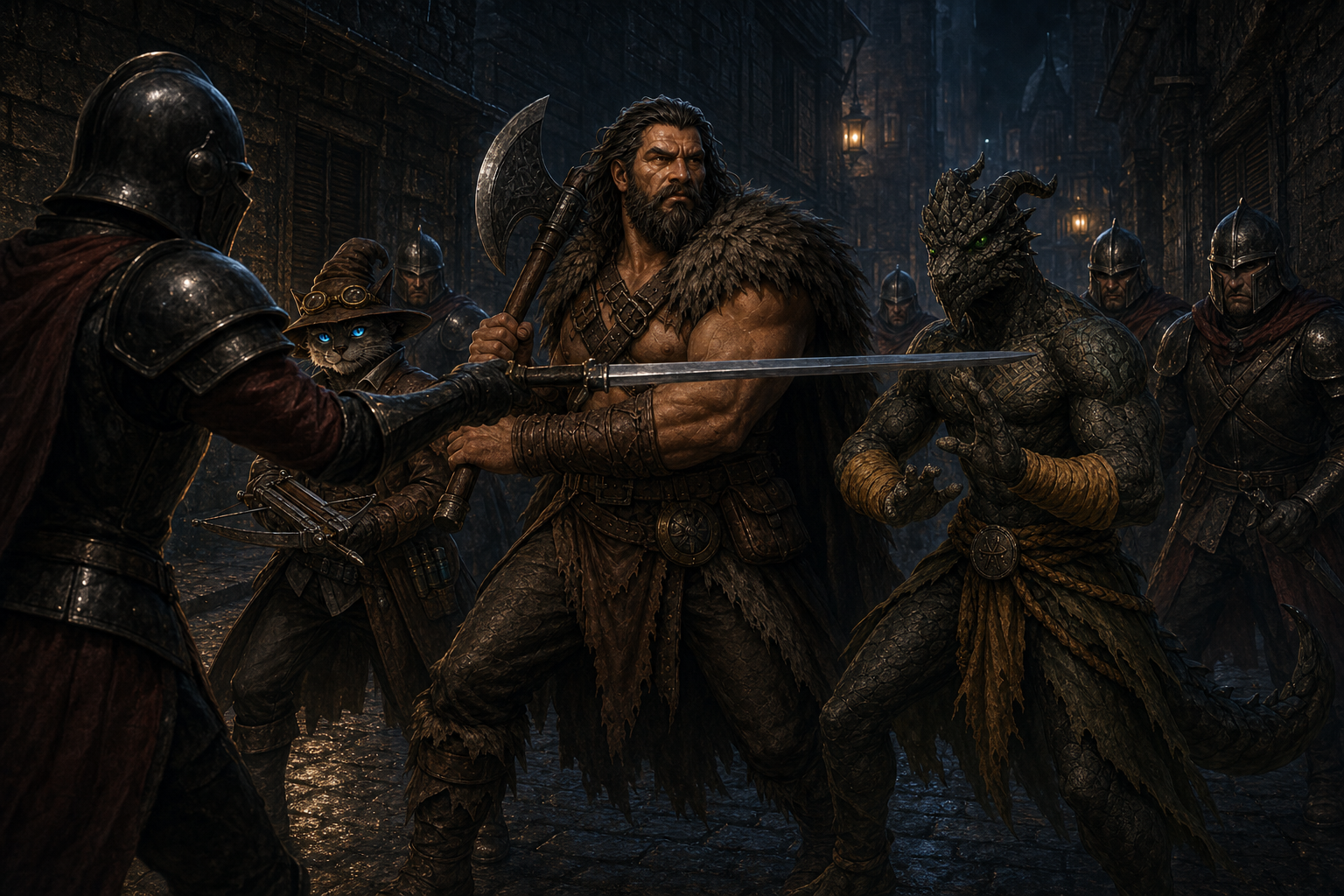 A Martira Bay guard captain thrusts a sword across Rage's path as Carver and Ignatius react in a narrow rain-dark alley.