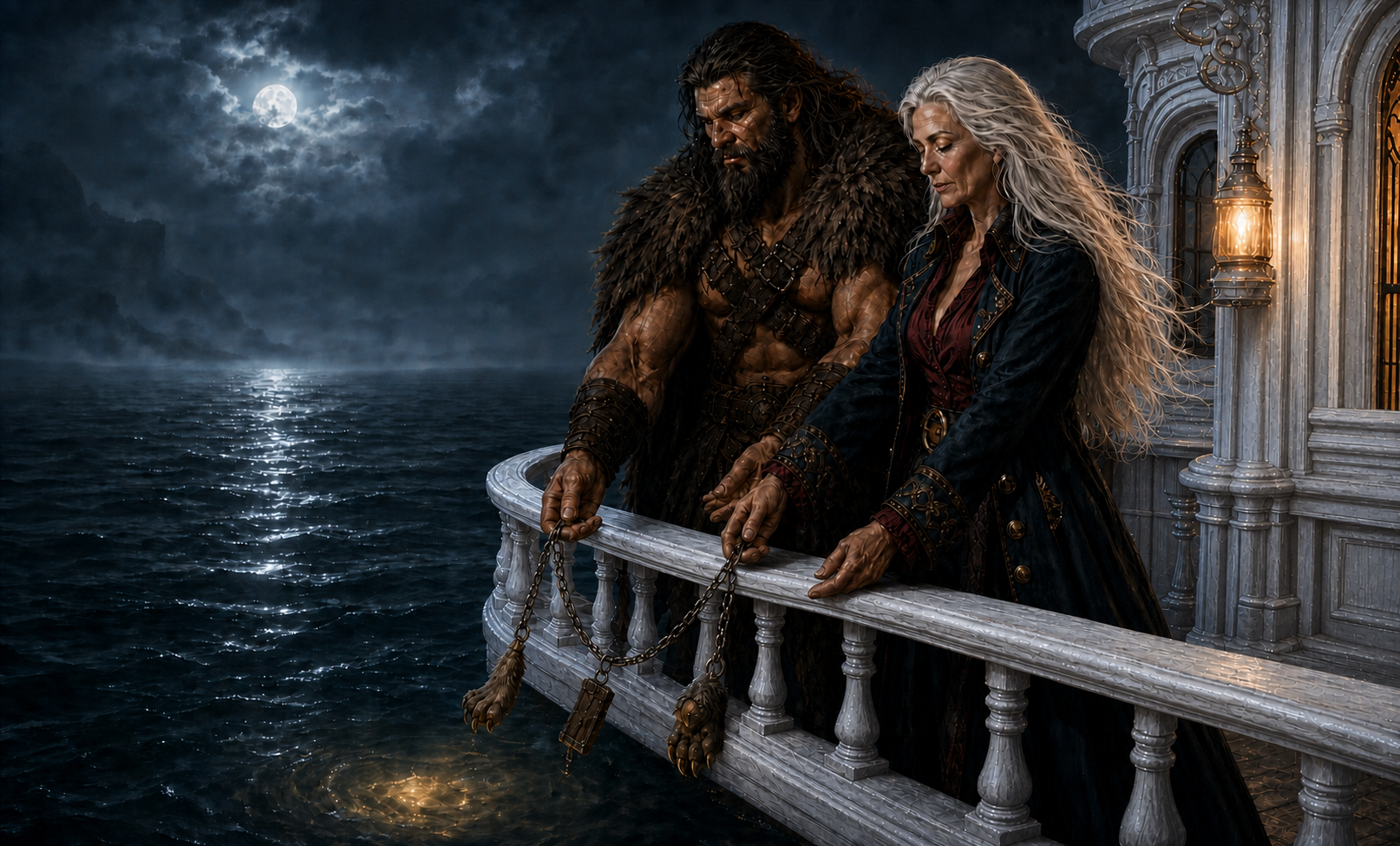 Rage and Snowmane release a trophy chain carrying a wererat foot, mimic fragment, and werebear paw from the River Dancer's moonlit white rail.