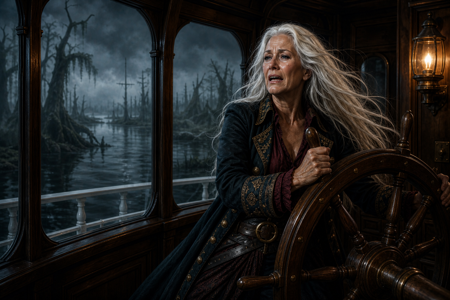 Captain Snowmane grips the River Dancer's helm in tears while a drowned swamp emerges through the wheelhouse windows.