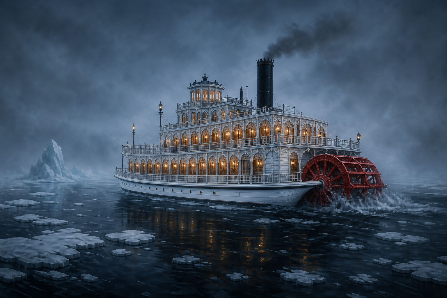 The white-hulled River Dancer moves through broken ice in the Mists, its red stern paddlewheel churning behind warm-lit decks.