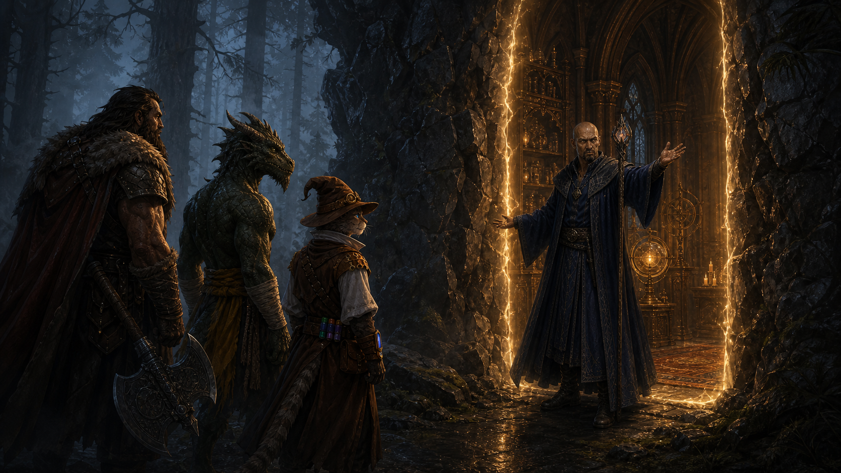 Mordenkainen opens a glowing portal in a Svalich Woods rock wall as Rage, Ignatius, and Carver wait before the warm sanctuary beyond.