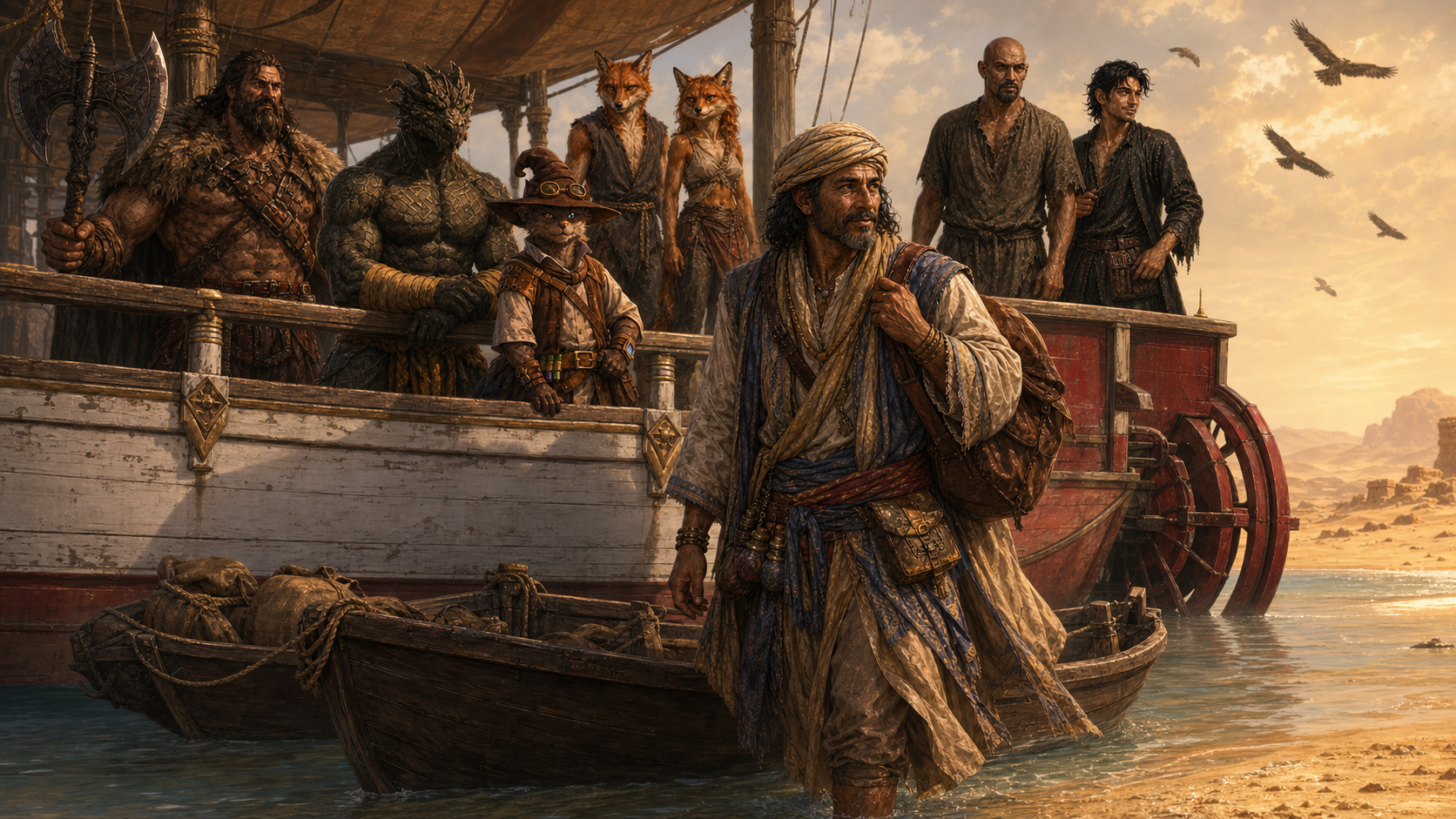 Ooru leaves the River Dancer by dinghy as the party gathers at the rail, with Har'Akir's sunlit desert shore beyond.