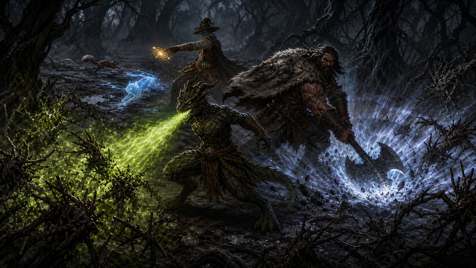 Ignatius sprays acid over a mass of twig blights while Rage's thunderwave tears through the Svalich Woods and Chip pursues the squirrel messenger.