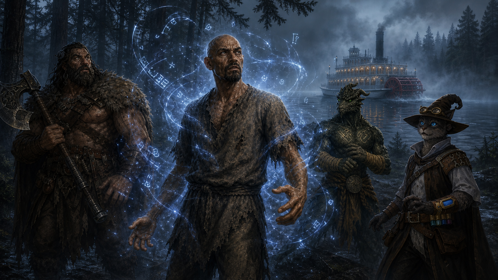 Voss is caught in blue-white fragments of returning memory as Rage, Ignatius, and Carver watch on Barovia's misty lakeshore.