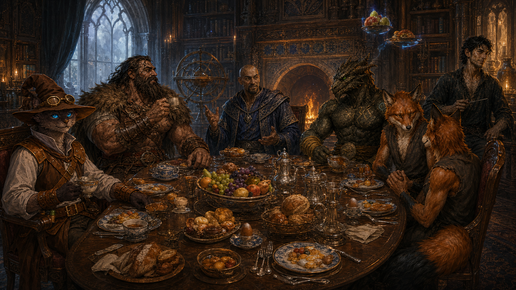Mordenkainen hosts Ignatius, Rage, Carver, Lafing, Fling, and Slippery Siv at a lavish breakfast in his magical mansion.