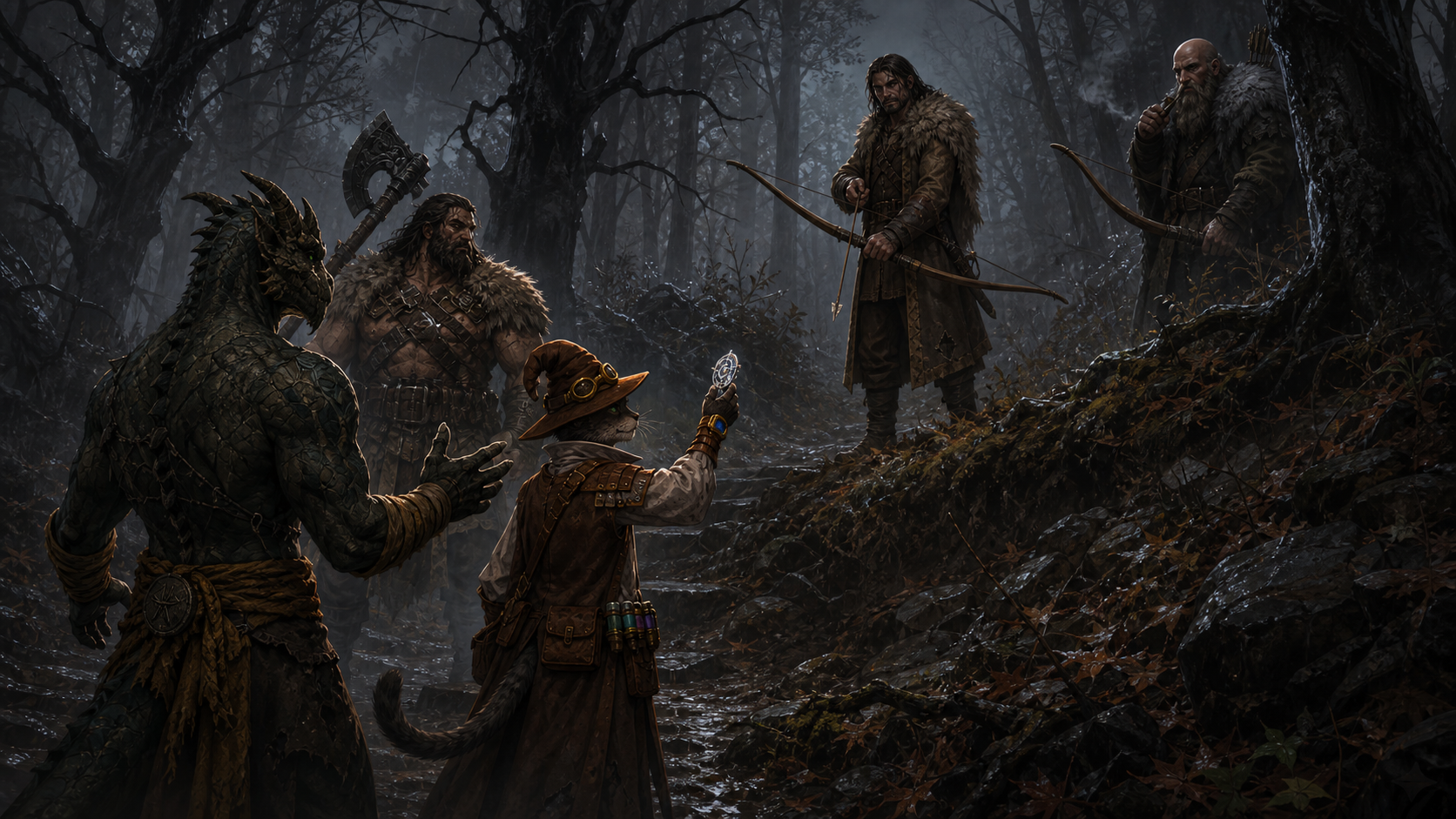 Carver holds up a silver talisman while Ignatius and Rage peacefully face two wary hunters in the Svalich Woods.