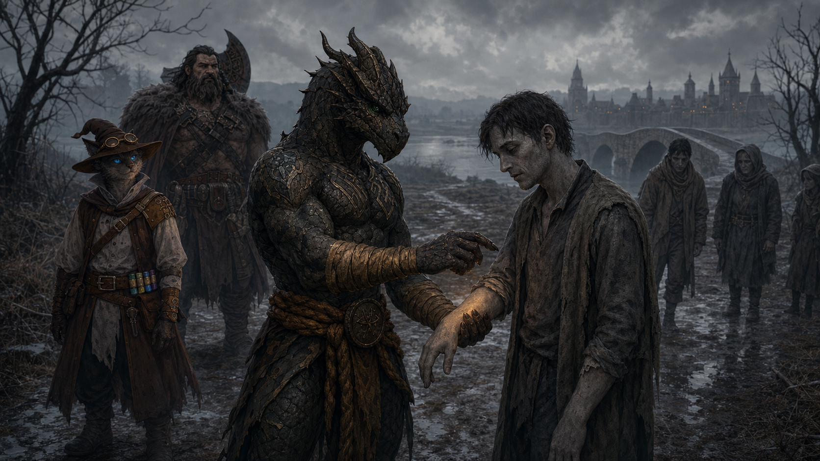 Ignatius reaches toward an ashen traveler as Rage and Carver watch on the road to Vallaki.