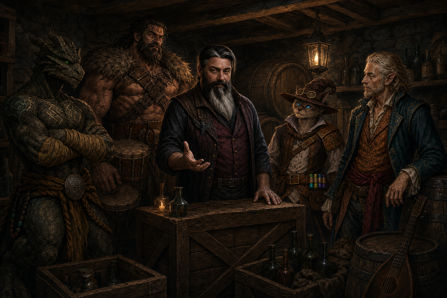 Ignatius, Rage, and Carver confer with Urwin and Rictavio among the wine casks and storage crates beneath the Blue Water Inn.