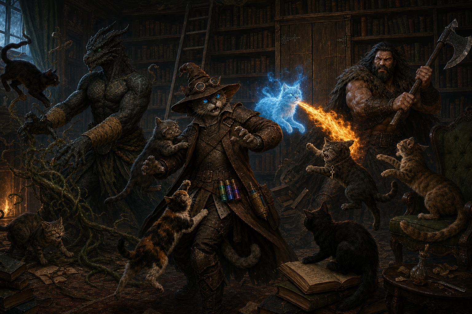 Ordinary cats swarm Carver, Ignatius, and Rage inside Fiona Watcher's library while Chip breathes flame toward the tabby wearing the hidden-chest key.