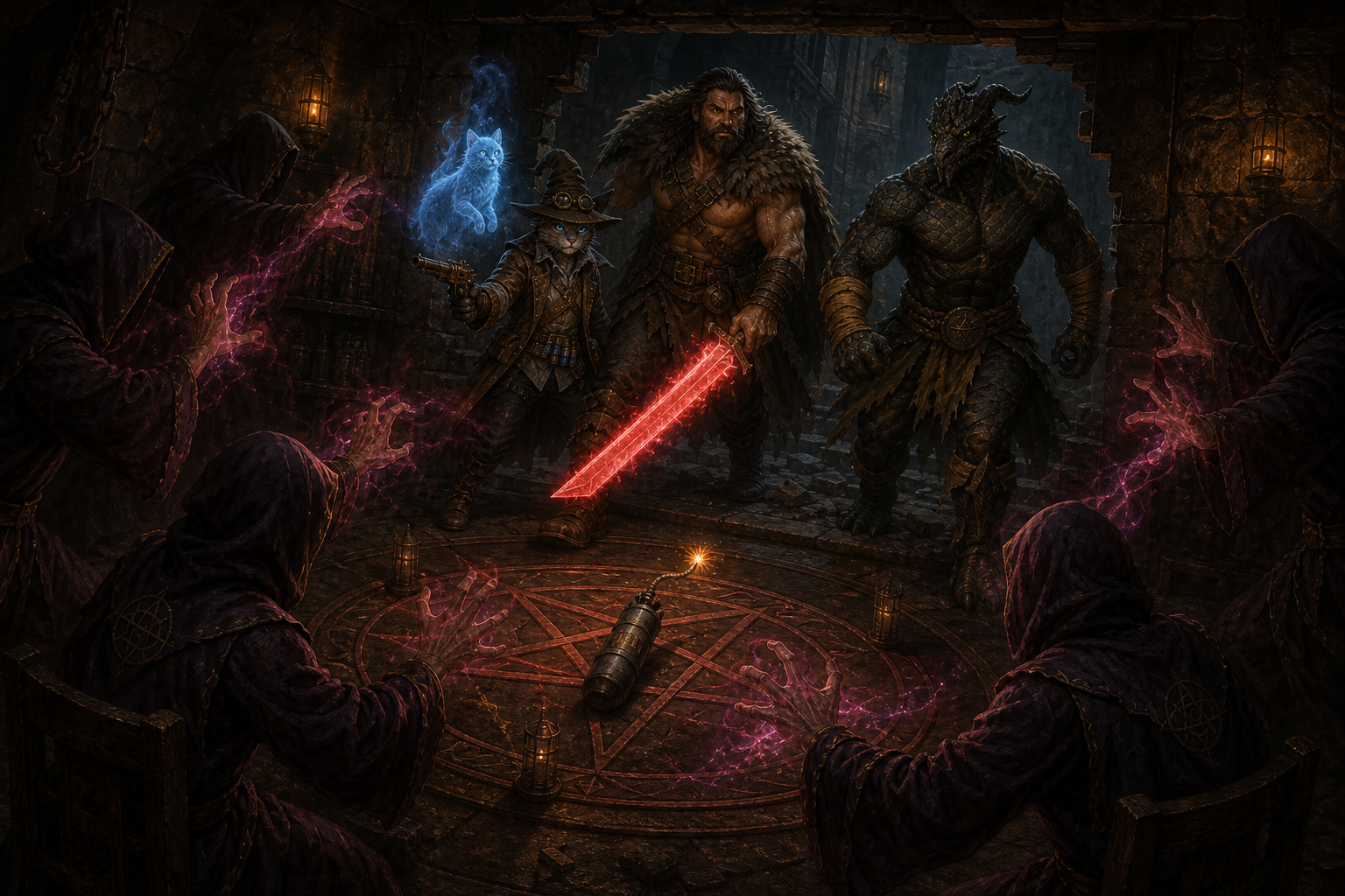 Rage, Ignatius, and Carver enter a hidden cellar ritual chamber as robed cultists channel crimson-violet magic around a pentagram and a lit Boom Stick burns at its center.