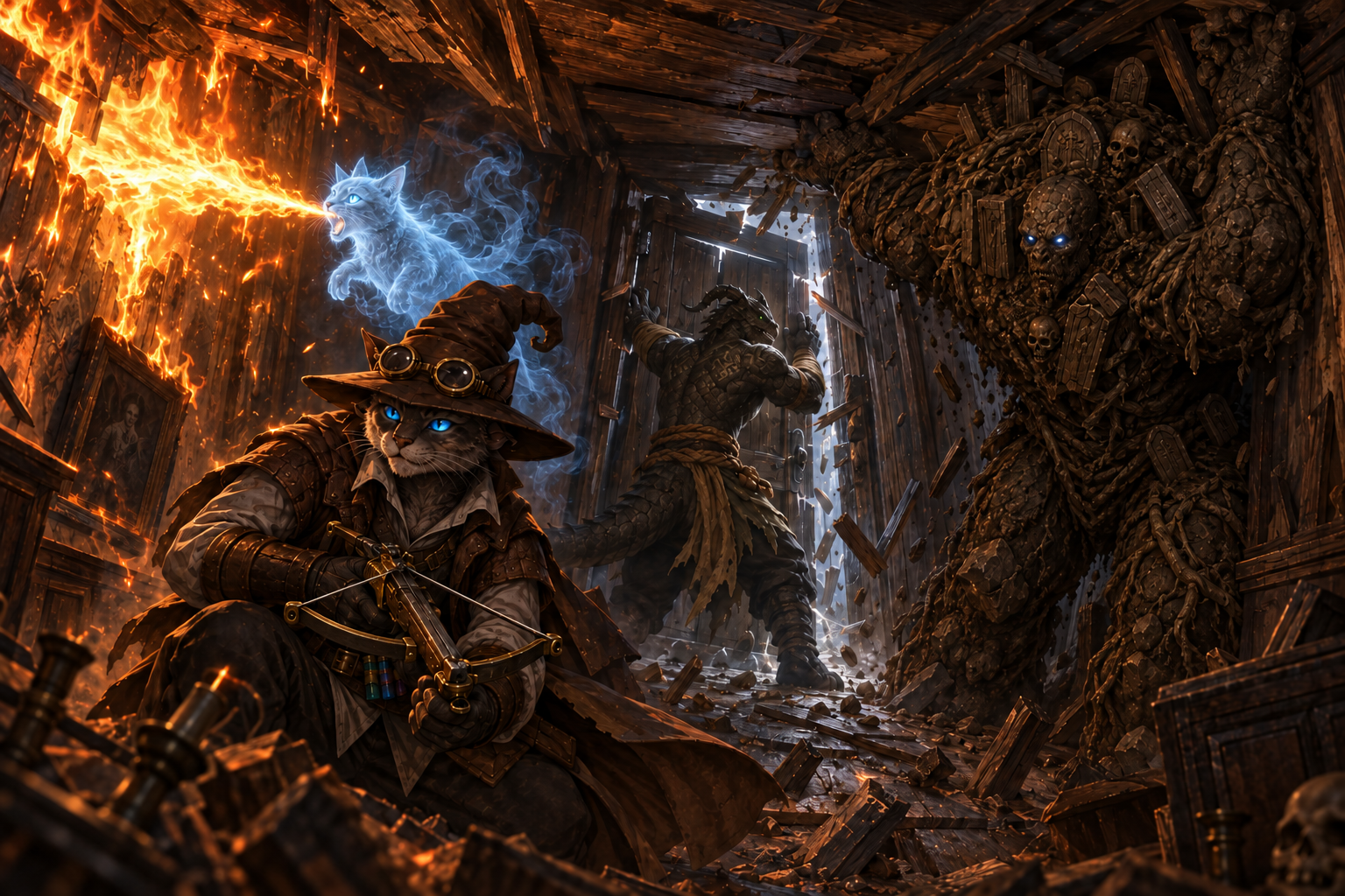 Inside the burning manor, spectral Chip projects fire across the wall above Carver while Pearl braces against the timbers and Ignatius batters the rear door.