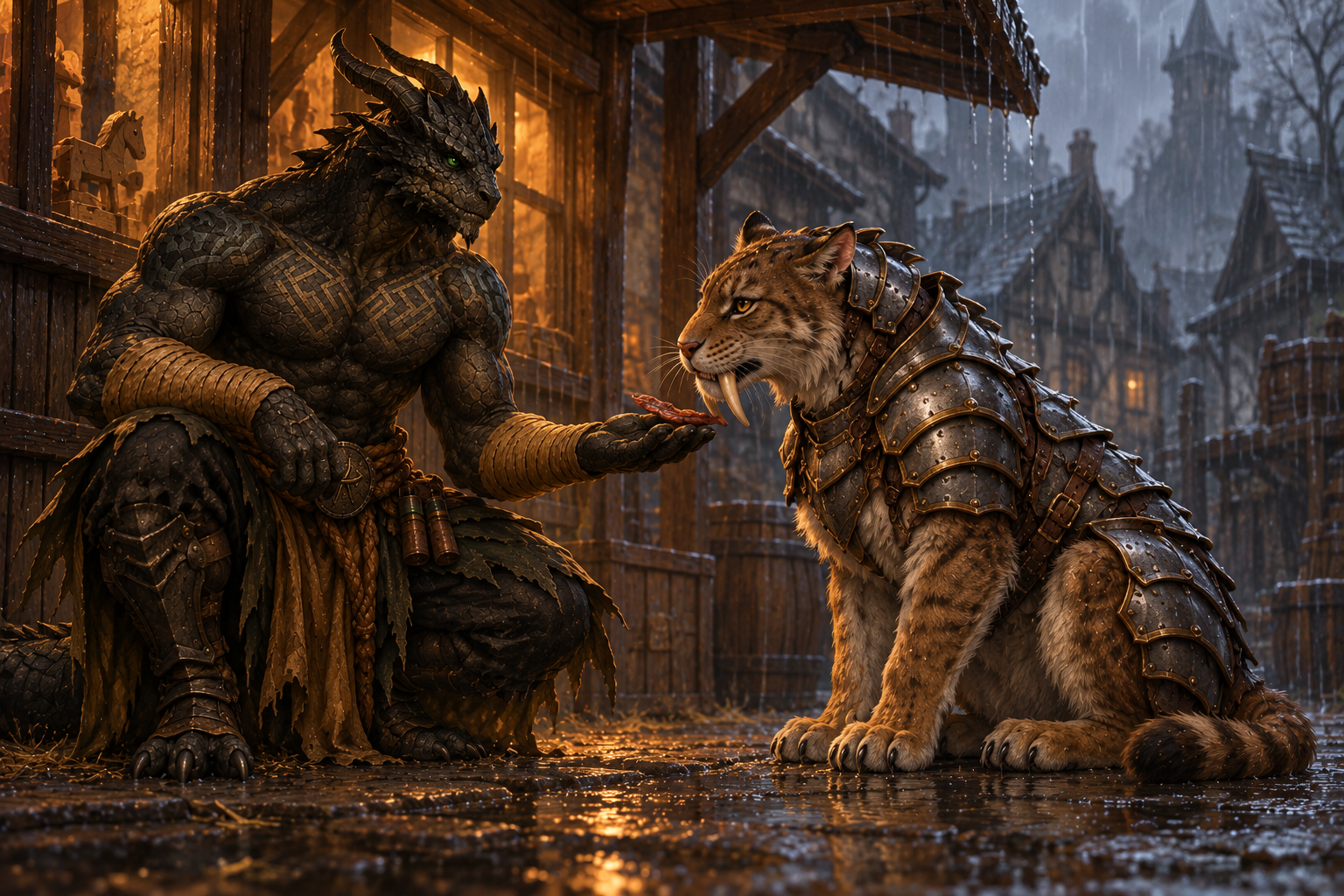 Ignatius offers jerky on his scaled palm to the seated armored sabercat beneath Blinsky's rear awning in the rain.