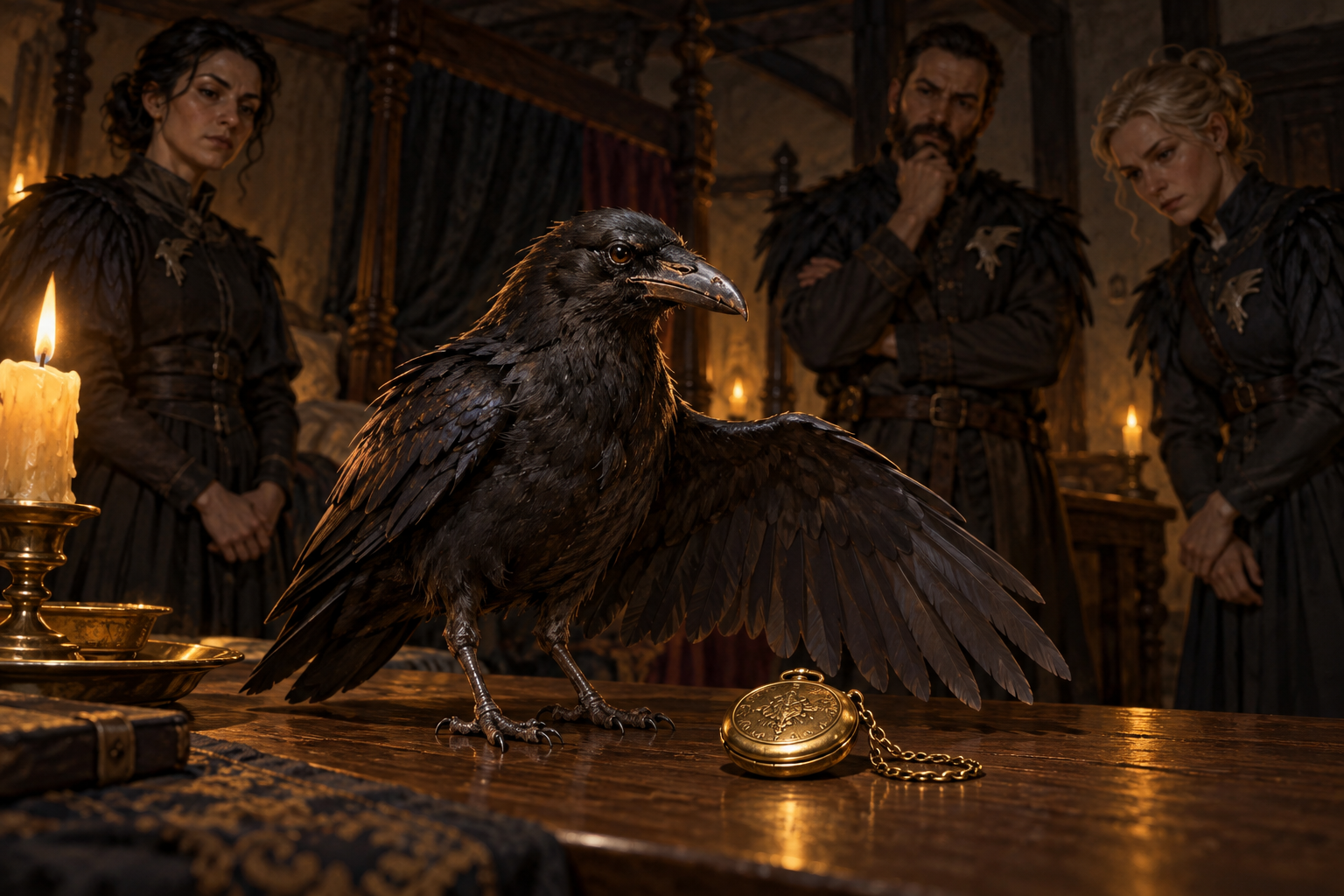An aged black raven stands on a table beside a brass pocket watch, with three feather-clad Keepers behind him.