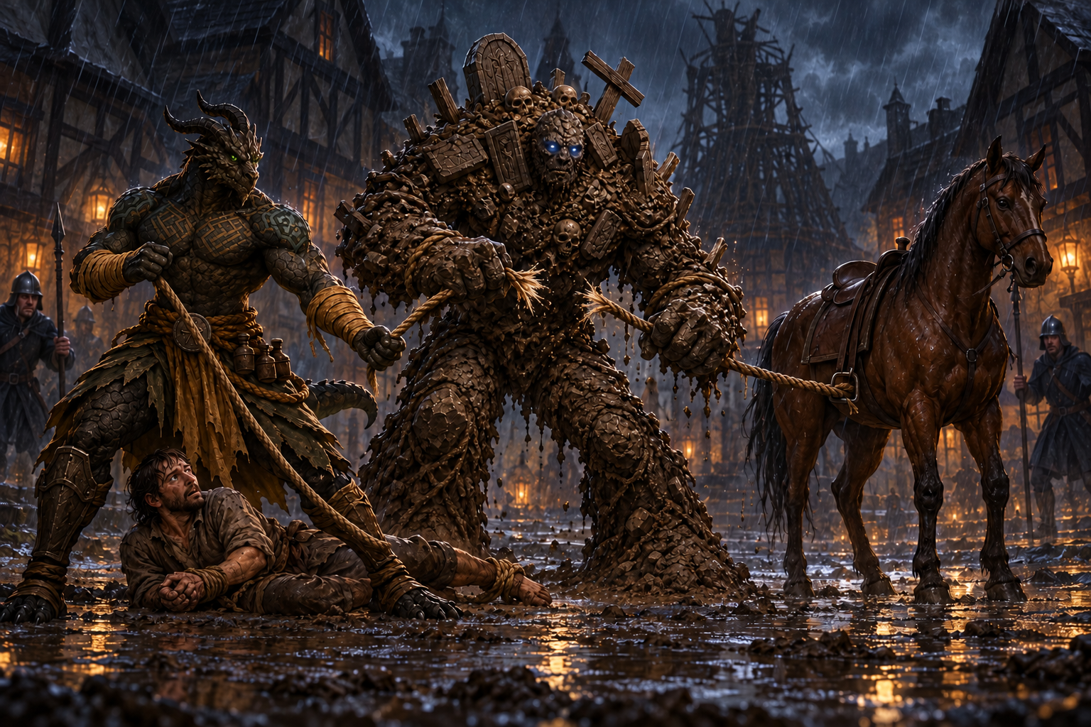 Pearl tears apart the tether to a horse as Ignatius shields the bound Lars in Vallaki's rain-soaked square.